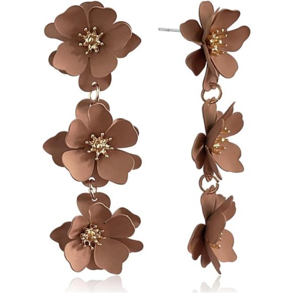Brown Matte Flower Dangle Earrings Tiered Floral Drop Stud Chandelier Earrings - Picture 4 of 5